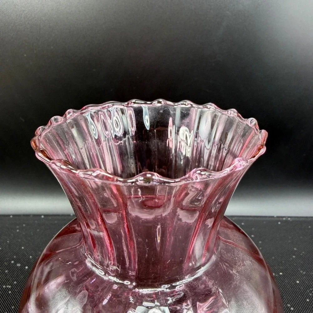 Vintage Pilgrim Glass Cranberry Pink Hand Blown Glass Vase Optic Rib Ruffled Rim